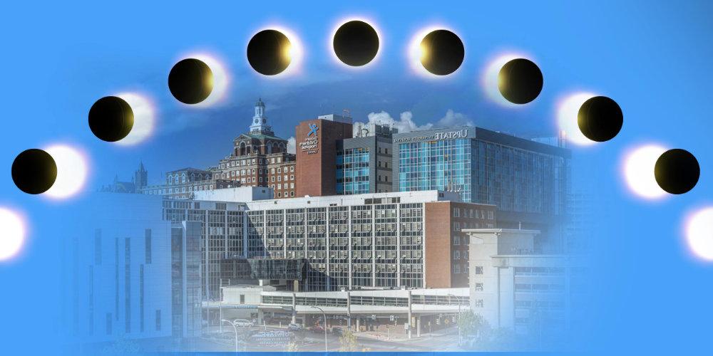 Stages of a solar eclipse featured over the view of the Upstate downtown campus